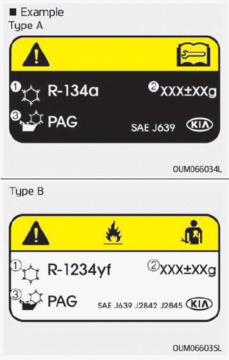 Kia Soul. Air conditioning refrigerant label