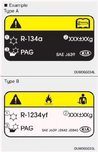 Kia Soul. Air conditioning refrigerant label