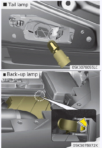 Kia Soul. Tail lamp / Back up lamp bulb replacement (Rear combination lamp Type A)