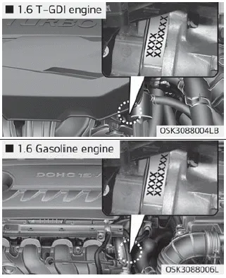 Kia Soul. Tire specification and pressure label. Engine number